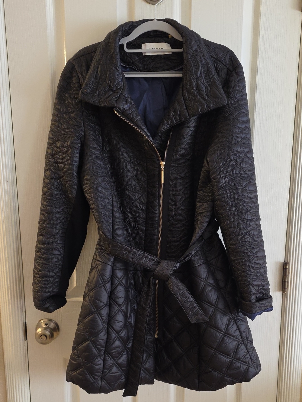 Tahari Black Quilted Embroidered Belted Trench Coat, X large